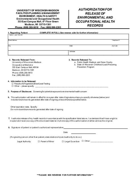 Fillable Online Ehs Wisc Authorization For Release Of Environmental And