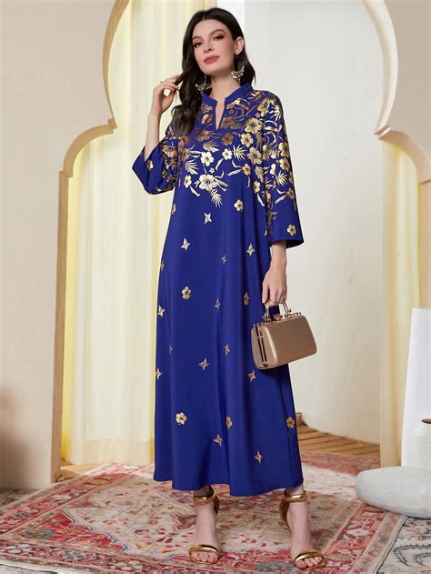 SHEIN Najma Gold Floral Print Notched Neckline Dress SHEIN UK