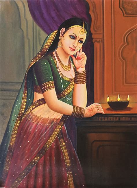 Rajasthan Indian Princess Art Handmade Damsel Wall Decor Oil On Canvas