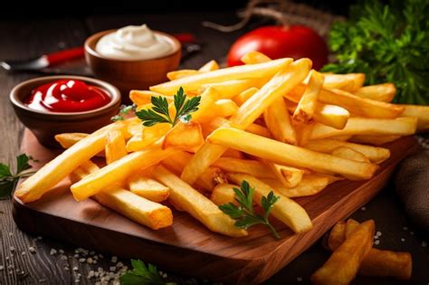 Premium Ai Image Crispy French Fries With Ketchup And Mayonnaise