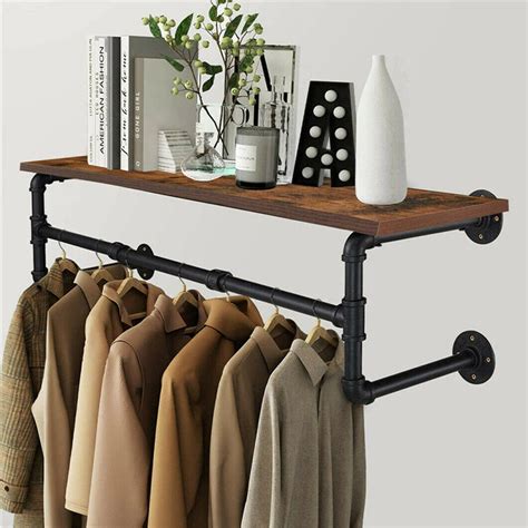 Industrial Pipe Clothing Rack Wall Mounted Wood Shelf Pipe Etsy