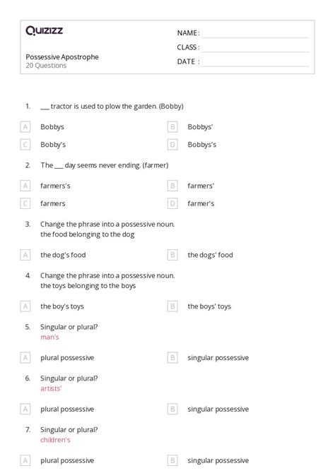 50 Singular Possessives Worksheets For 5th Grade On Quizizz Free