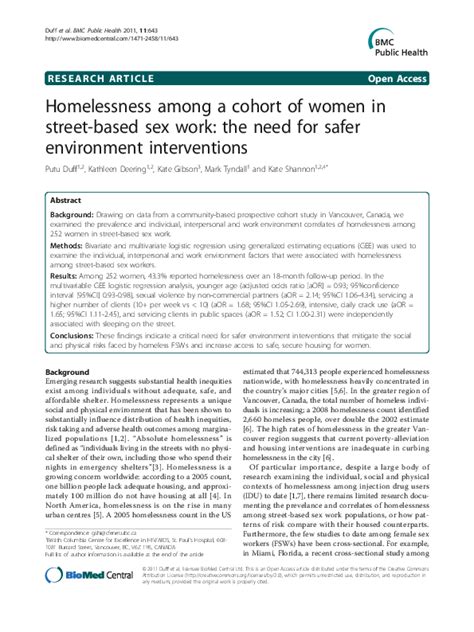 Pdf Homelessness Among A Cohort Of Women In Street Based Sex Work