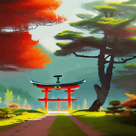 Colorful Japanese Landscape Shrine Through Wooden Torii Forest Garden