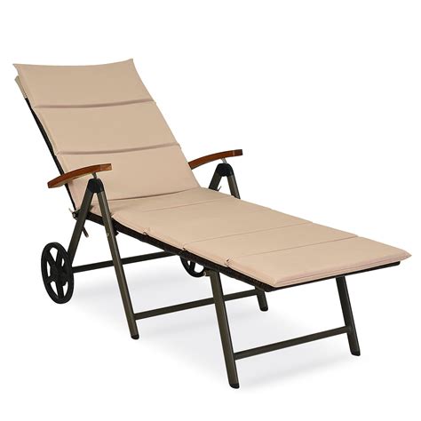 Topbuy Folding Outdoor Rattan Chaise Lounge Chair Cushioned Recliner