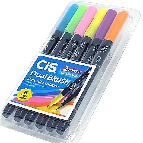 Marcador Artístico Dual Brush Aquarelável Cis 6 Cores Neon Pão De Açúcar