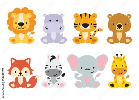 Cute wild animals set including lion, tiger, hippo, bear, fox, zebra ...