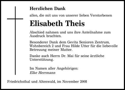 Traueranzeigen Von Elisabeth Theis Saarbruecker Zeitung Trauer De