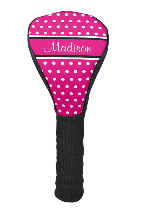 Hot Pink White Polka Dot Black Stripes Script Name Golf Head Cover Hot Pink White