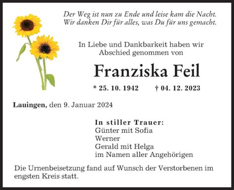 Traueranzeigen Von Franziska Feil Allg Uer Zeitung