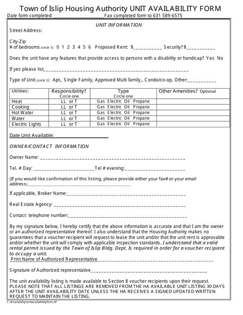 Town Of Islip New York Unit Availability Form Fill Out Sign Online