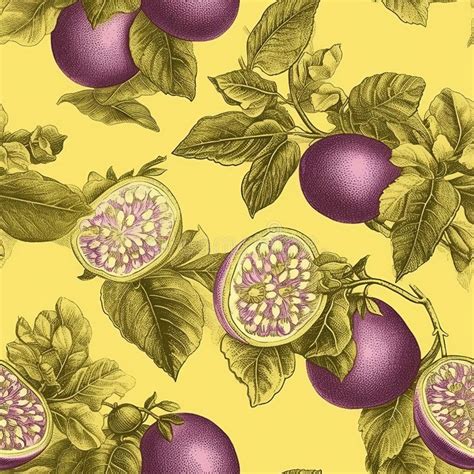 Vintage Passion Fruit Drawing With Contrasting Border Stock