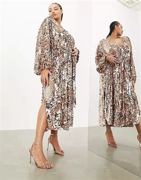 Asos Edition Curve Batwing Sleeve Sequin Wrap Midi Dress In Gold