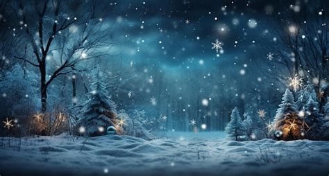 Premium AI Image | Snowy night scene with trees and snowflakes in the ...