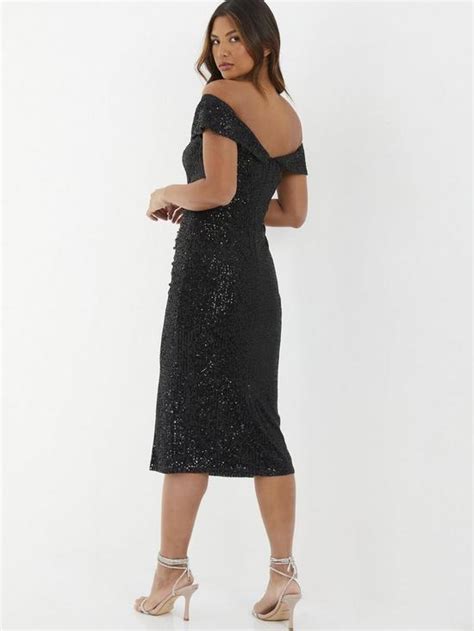 Quiz Black Sequin Bardot Split Midi Dress Uk