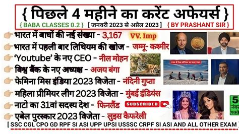 Last 4 Months Current Affairs 2023 Jan 2033 To April 2023 Most