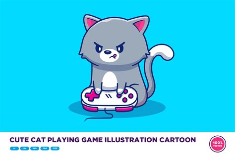 可爱的游戏猫卡通插画 Cute Cat Playing Game Illustration Cartoon 设计小咖