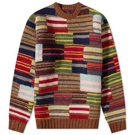 Beams Plus Stripe Patchwork Hand Knit Crew Multi END