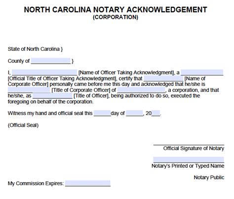 Free North Carolina Notary Acknowledgement – Corporation - PDF - Word