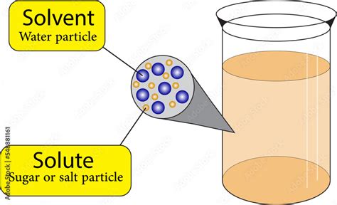 Solvent, solute molecules. Salt, sugar and water mixture. Homogeneous ...