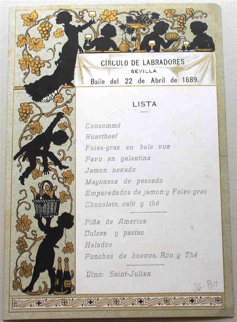 Menú de comida del Círculo de Labradores de Sevilla 1889 Material