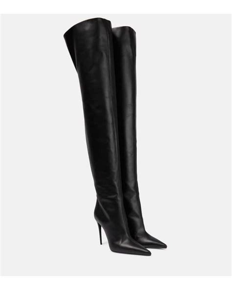 Dolce Gabbana Over The Knee Leather Boots With Garter Belt In Black