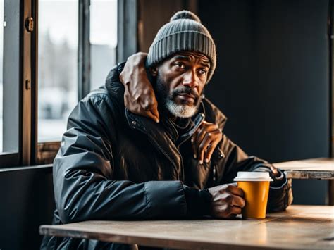 Premium Photo Homeless Man Sitting At Table And Drinking Coffee In