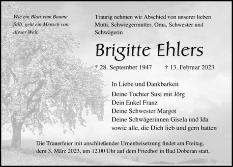 Traueranzeigen Von Brigitte Ehlers Trauer Anzeigen De