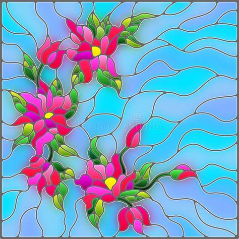 Stained Glass Illustration With Bright Pink Flowers On A Blue Sky Background Square Image Stock