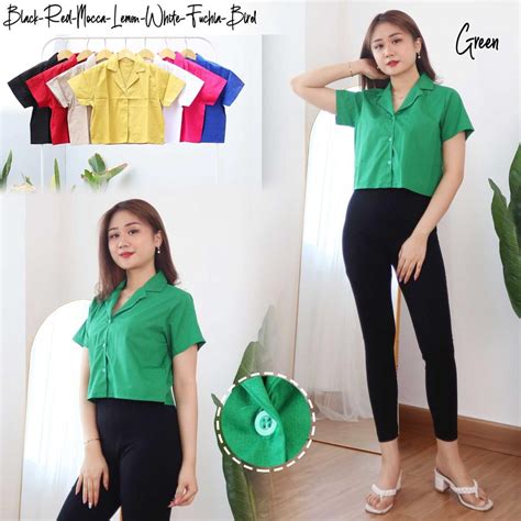 Jual KEMEJA BASIC WANITA CROP KOREA LENGAN PENDEK KASUAL KEMEJA POPLIN