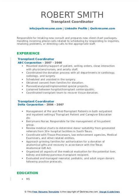 Transplant Coordinator Resume Samples Qwikresume