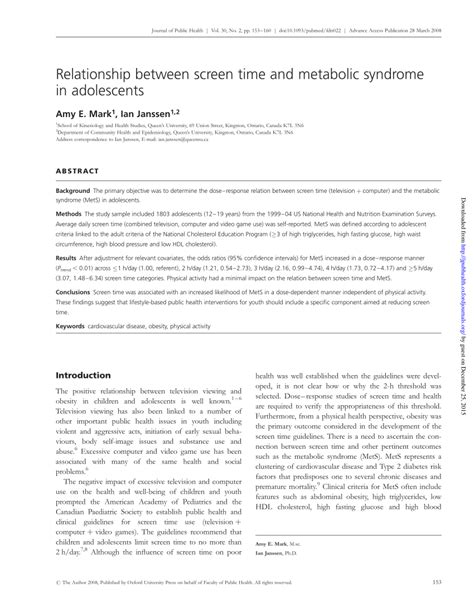 Pdf Relationship Between Screen Time And Metabolic Syndrome In