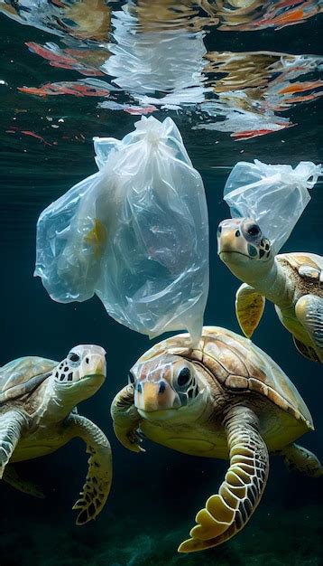 Tres Tortugas Y Una Bolsa De Pl Stico Bajo El Agua Contaminaci N