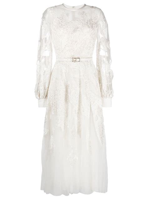 Elie Saab Bead Embroidered Midi Dress White