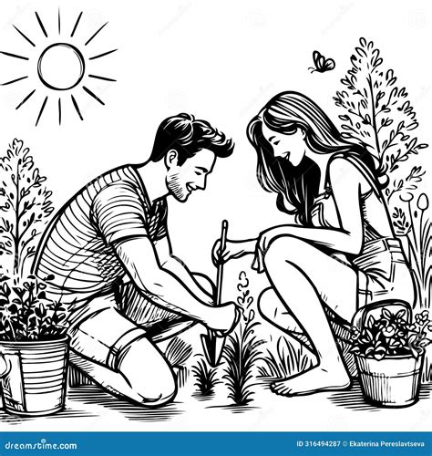 Man And A Woman Are Planting A Tree Together Stock Vector