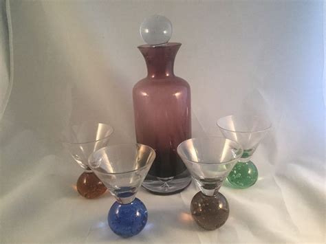 Vintage Scandinavian Martini Set Decanter Multi Color Glasses Ball Base Bubbles Martini Set