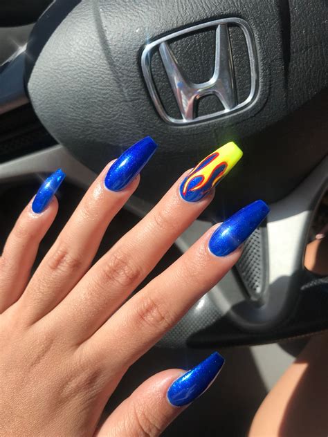 Royal Blue Flame Acrylic Nails Blue Acrylic Nails Fire Nails Blue Nails