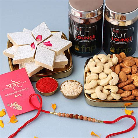 Buy Send Sneh Rudraksha Mauli Rakhi Kaju Katli Combo Online FNP