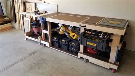 A Workbench With Tools On It In A Garage