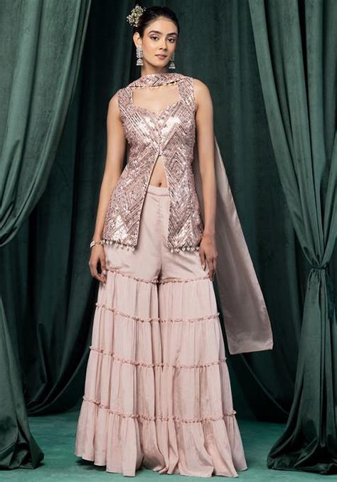 Buy Women Pastel Pink Tiered Sharara Set With Sequin Geometric