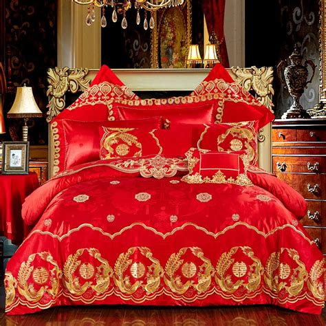 Chinese Wedding Red Bedding Set Double Happiness Gold Phoenix Bird 60s