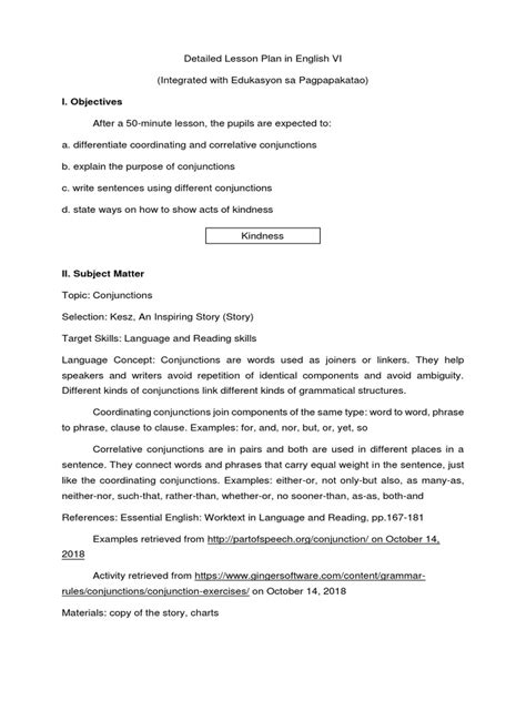 Conjunctions Lesson Plan Pdf Sentence Linguistics Question