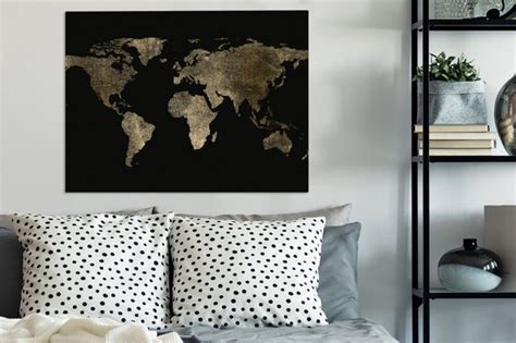 Canvas Wereldkaart X Wanddecoratie Wereldkaart Goud Zwart