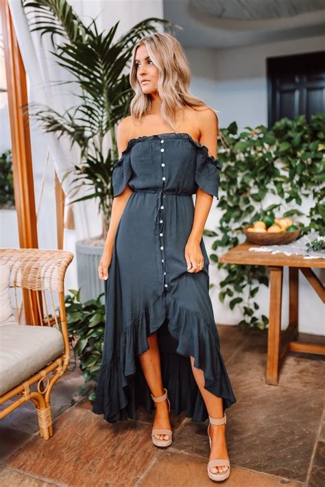 Off The Shoulder Button Down High Low Maxi Navy Magnolia Boutique