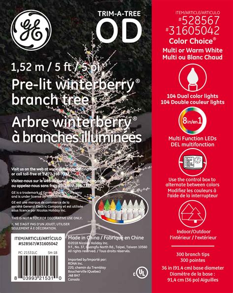 21531 - GE Winterberry® Branch Tree, 5 ft., Color Choice® LED, 104ct C-4 Lights, Multi/Warm ...