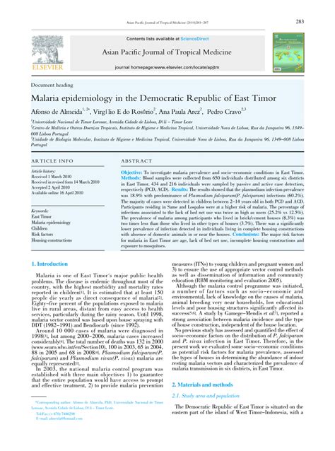 Pdf Malaria Epidemiology In The Democratic Republic Of East Timor