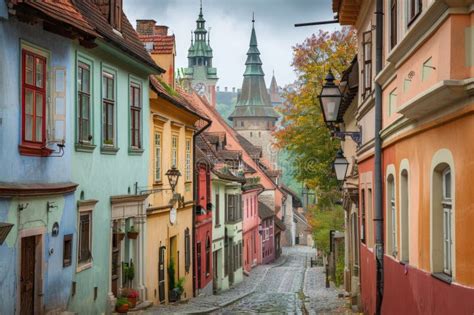 Traditional Medieval Street In S Town With Colorful Houses And Cobbled