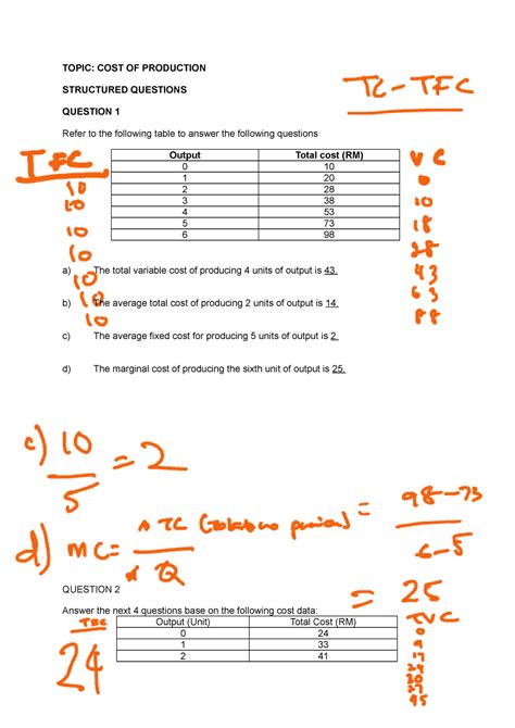 Tutorial Cost Theory Answer Answer Topic Cost Of Production