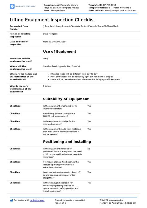 Elevator Inspection Checklist Template