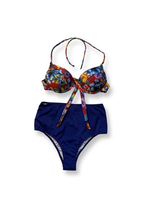 Liliumbeyaz Y Ksek Bel Mavi I Ekli Bikini Tak M Fiyat Yorumlar Trendyol